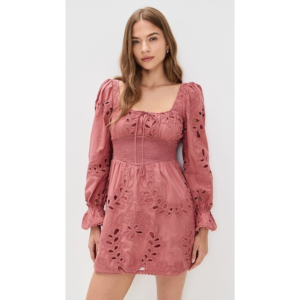 Saylor Lex Mini Dress Womens Medium Pink Eyelet Smocked Waist Long Sleeve Boho
